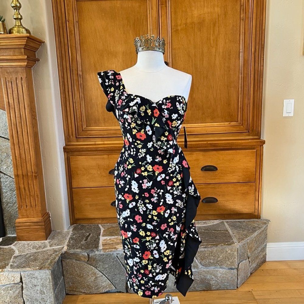 Aidan Mattox Black Multi Printed Crepe Midi Dress Size 8 NWT
